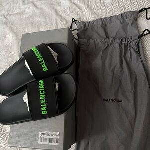 Balenciaga Black Slides with Neon Green Accents